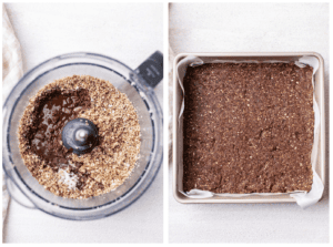 Adding melted chocolate to the oatmeal mixture, and spreading the chocolate cookie dough into the pan.